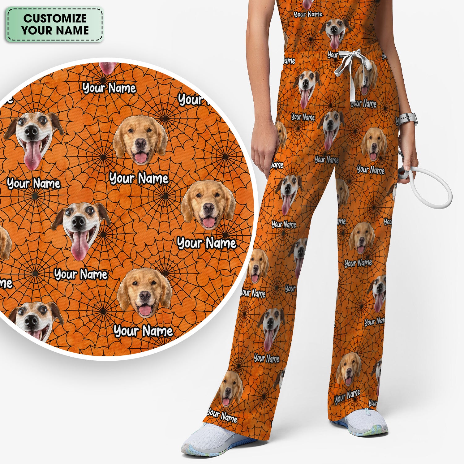 Personalized Halloween Dog Photo Spiderweb Scrub Set, Scrub Pants and V Neck Top