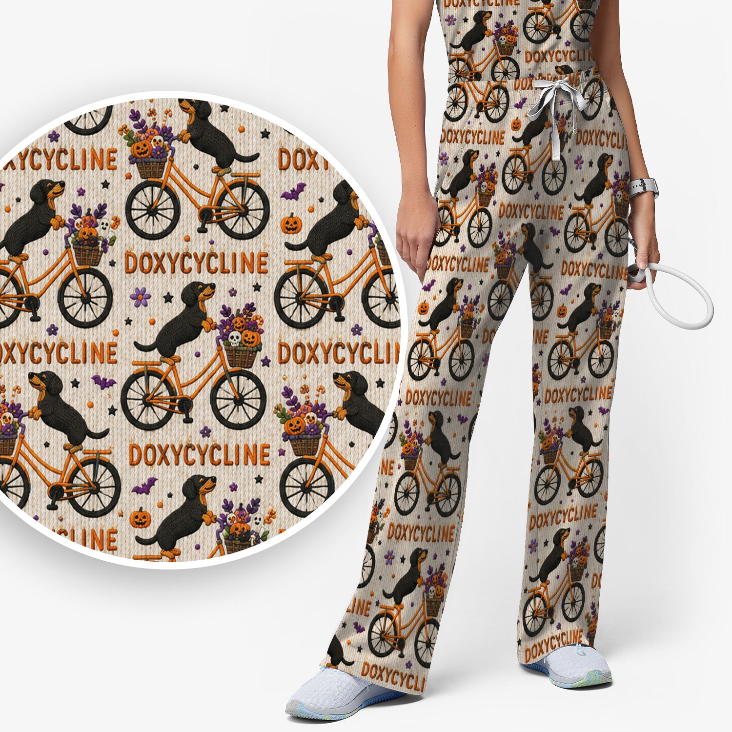Halloween Dachshund with Doxycycline Bike Print Scrub Set, Scrub Pants and V Neck Top