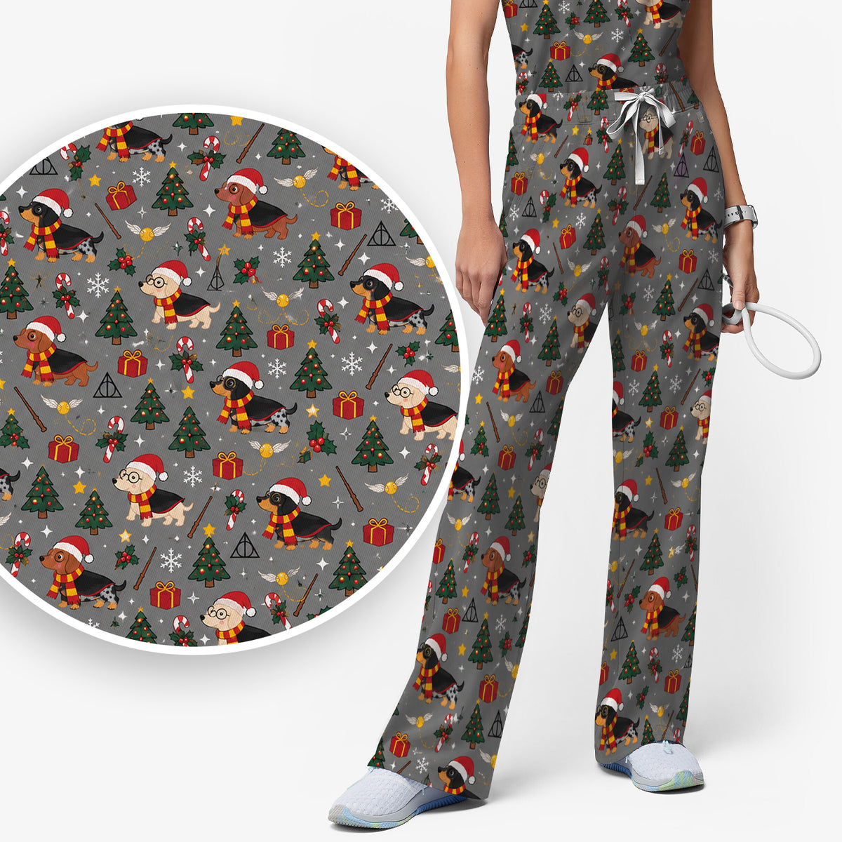 Christmas Wizard Dachshunds Pattern Scrub Set, Scrub Pants and V Neck Top