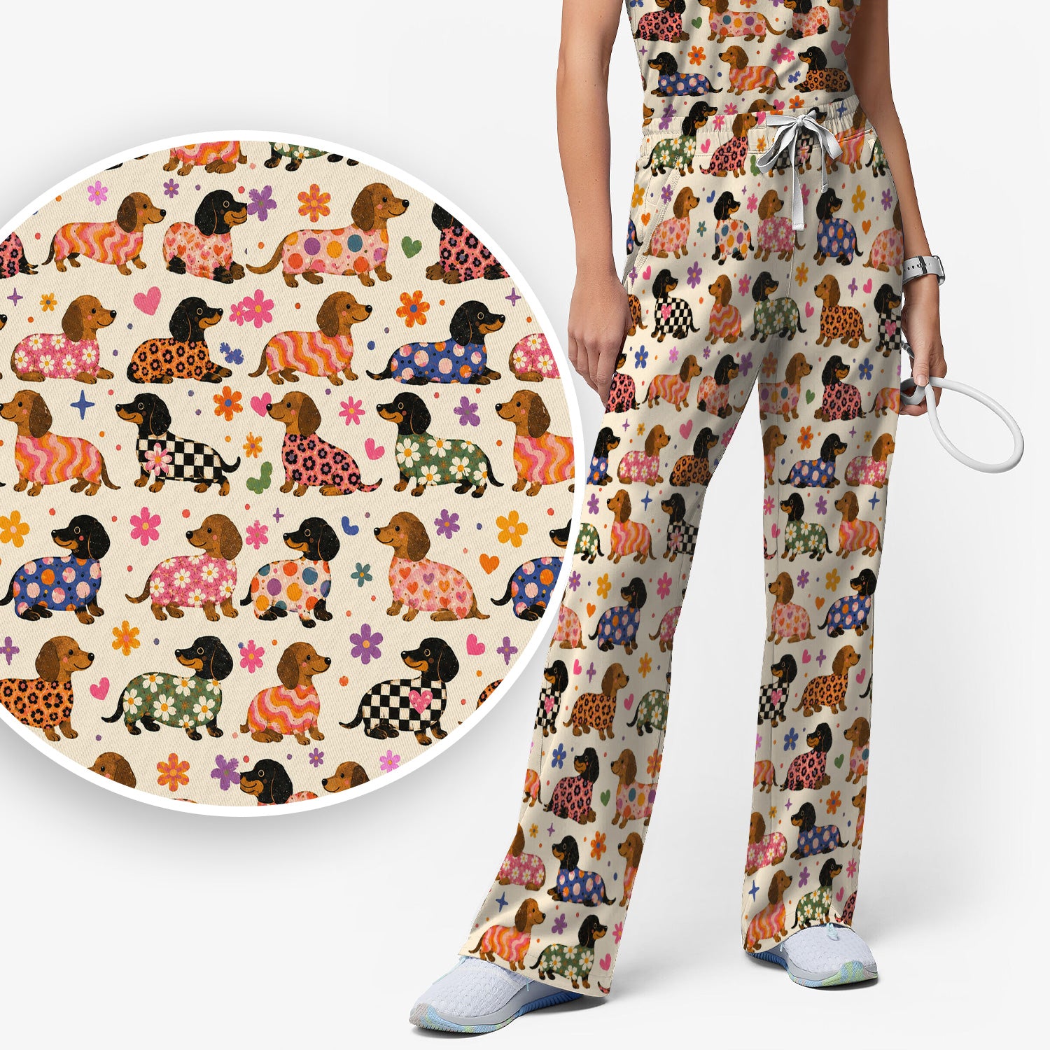 Floral Dachshund Print Scrub Set, Scrub Pants and V Neck Top