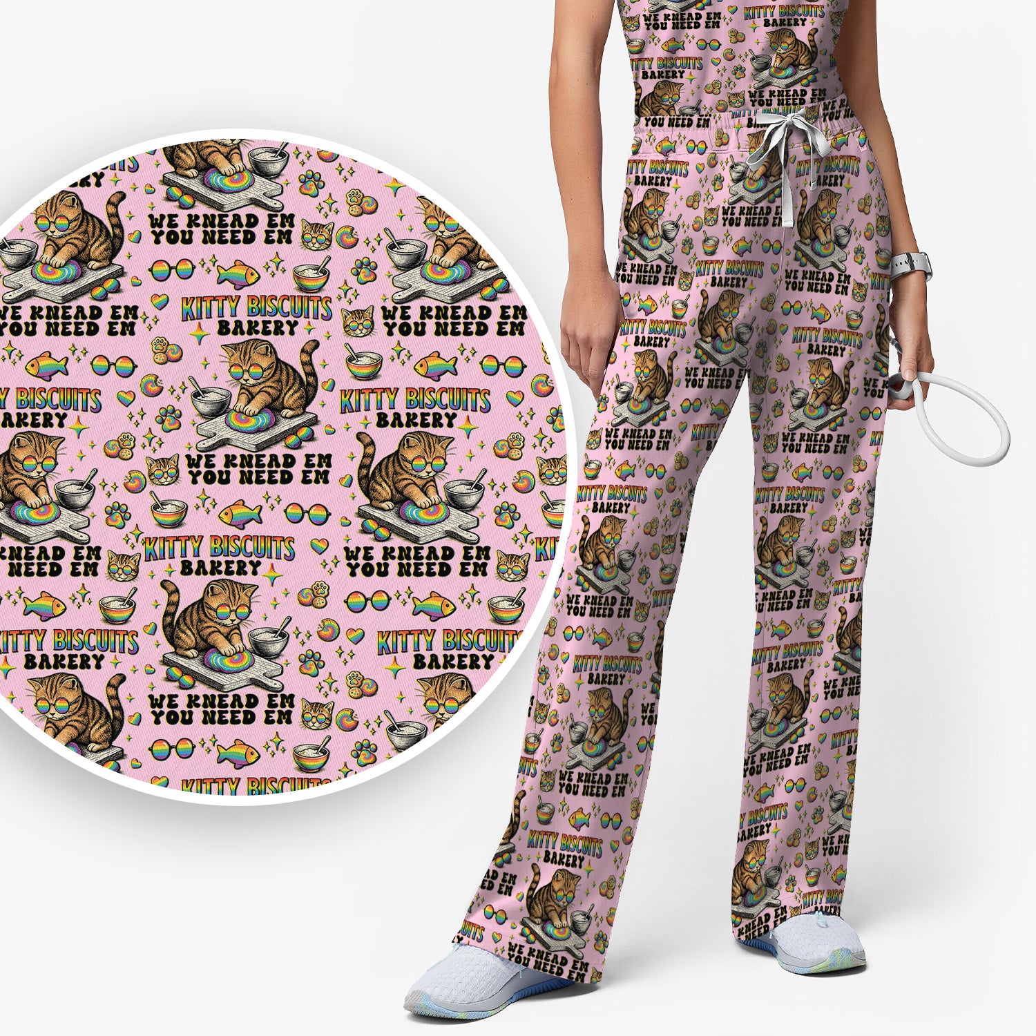 Pride Nurse Cat Baking Rainbow Dough Pattern Scrub Set, Women's Scrub Sets