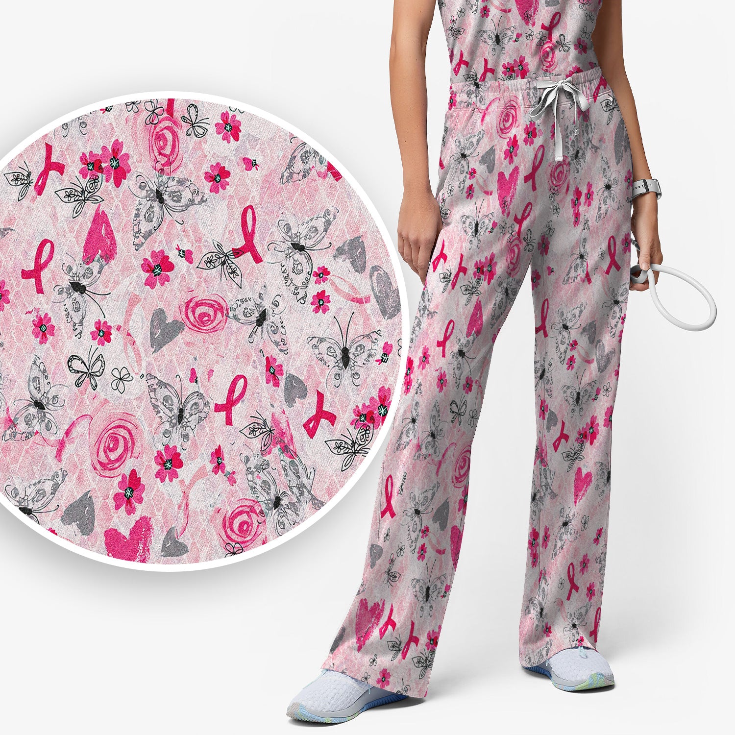 Breast Cancer Awareness Butterfly Floral Scrub Set, Scrub Pants and V Neck Top
