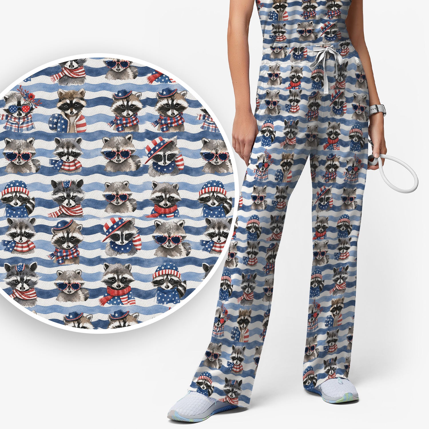 Patriotic Raccoon Watercolor Stripe Pattern Scrub Set, Scrub Pants and V Neck Top