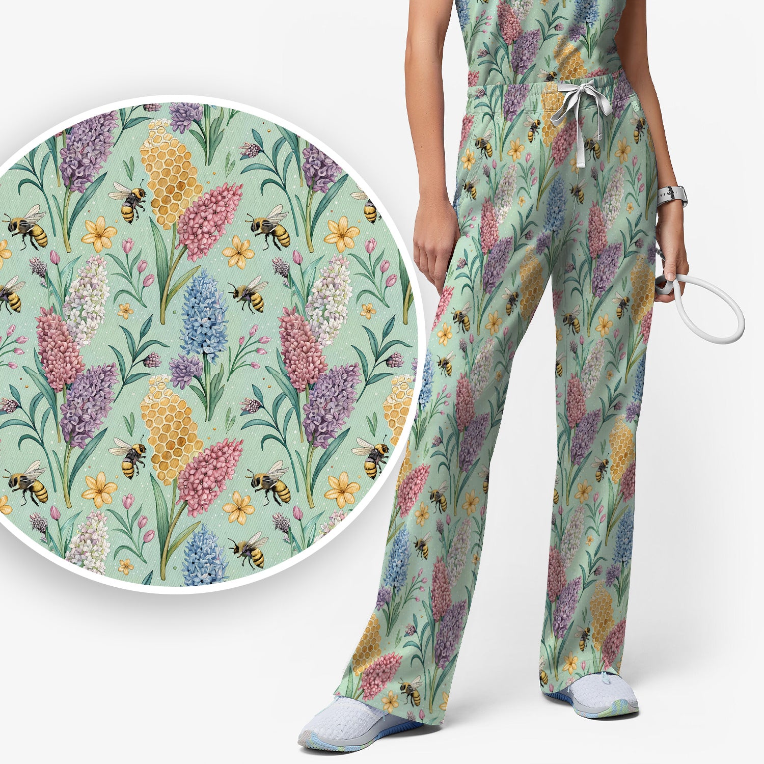 Pastel Wildflower Honeybee Pattern Scrub Set, Scrub Pants and V Neck Top