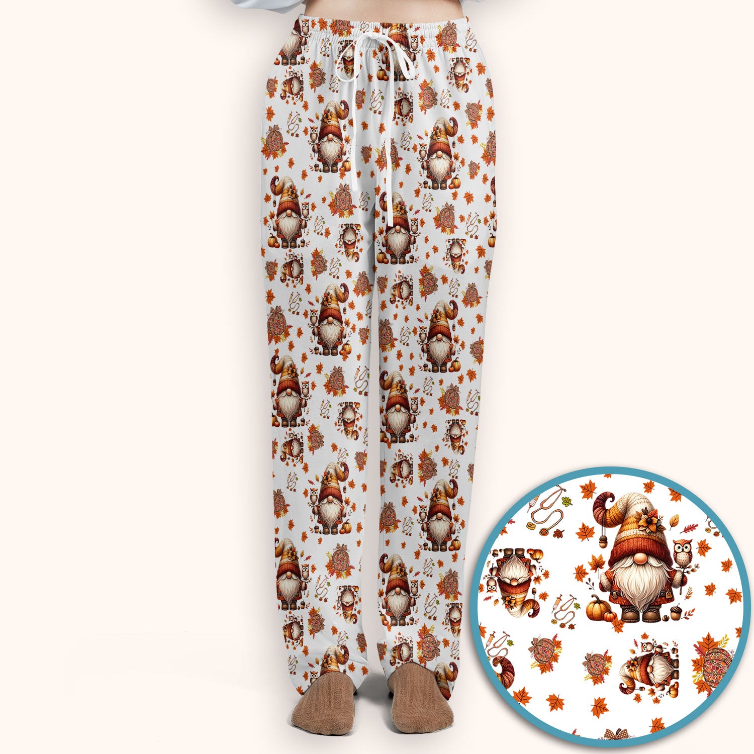 Fall Gnome Women's Scrub Sets - Autumn Leaves Pumpkin Scrub Pants and V Neck Top - Thanksgiving Nursing Uniform