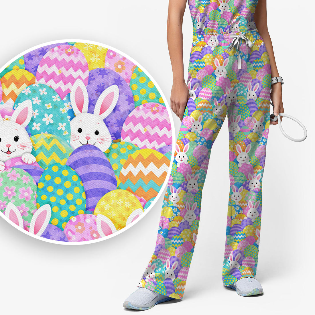 Easter Bunny Colorful Egg Pattern Print Scrub Set, Scrub Pants and V Neck Top