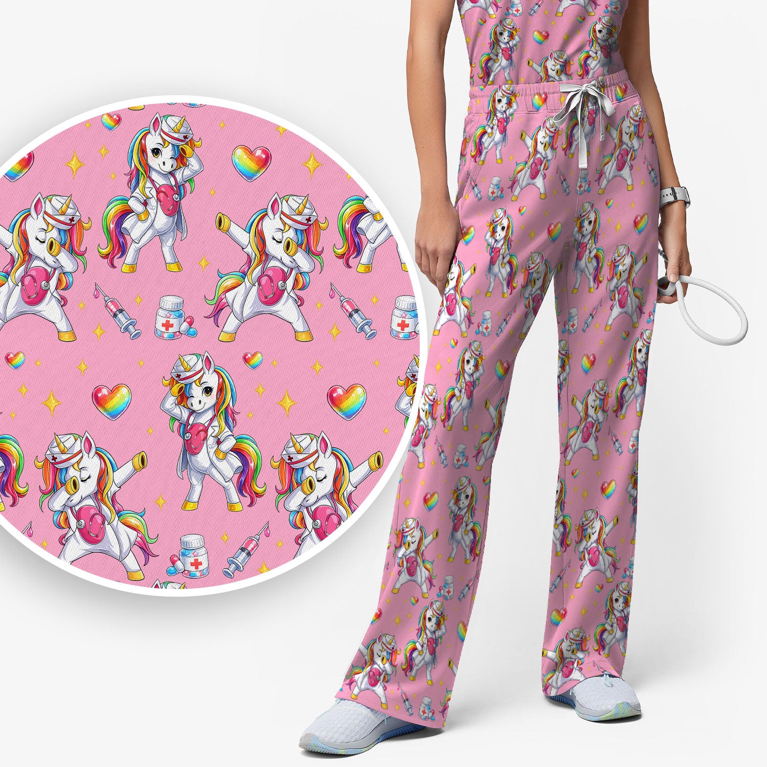 Playful Nurse Unicorn Rainbow Pattern Scrub Set, Breathable Med Uniform
