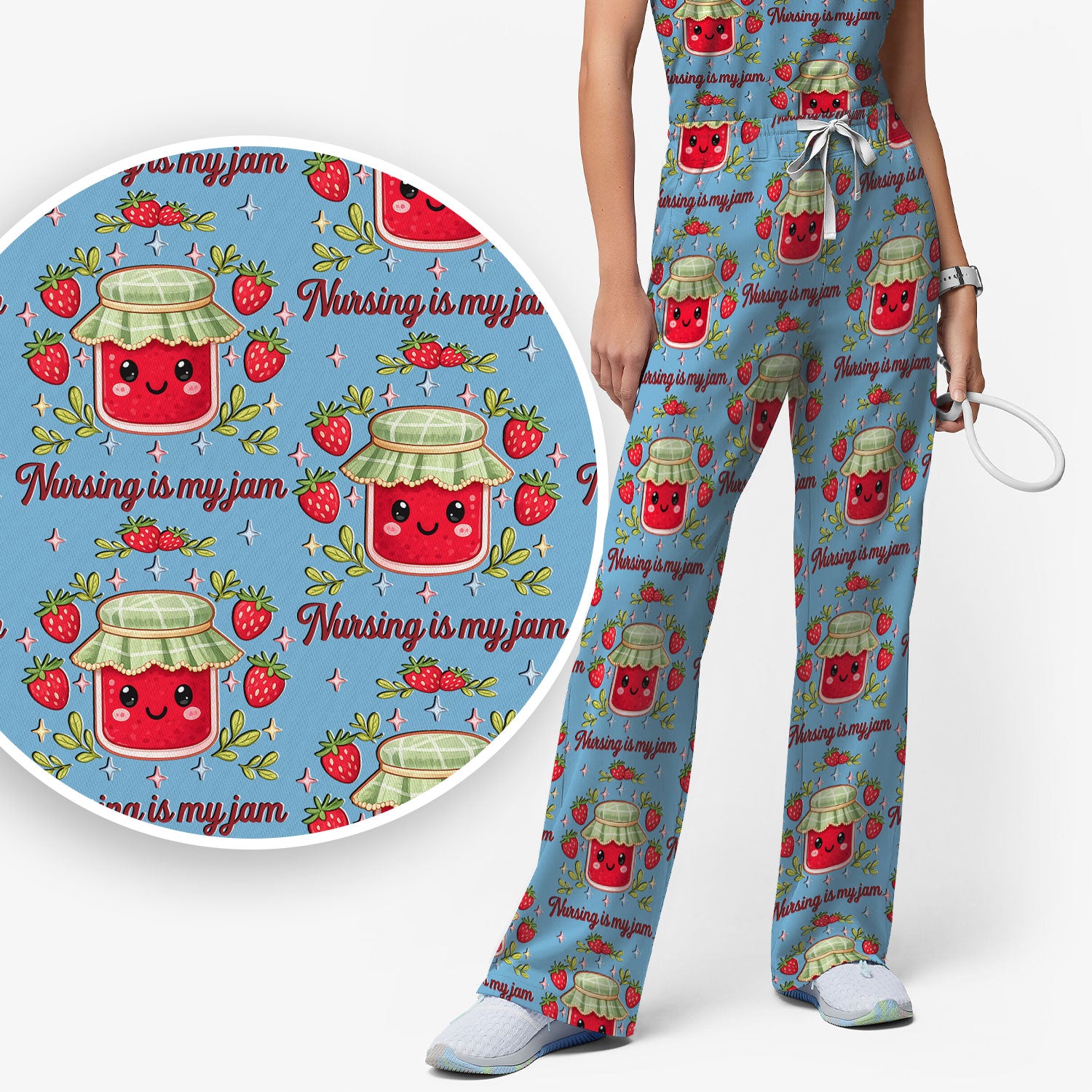 Cute Strawberry Jam Nurse Pattern Scrub Set, Breathable Med Uniform