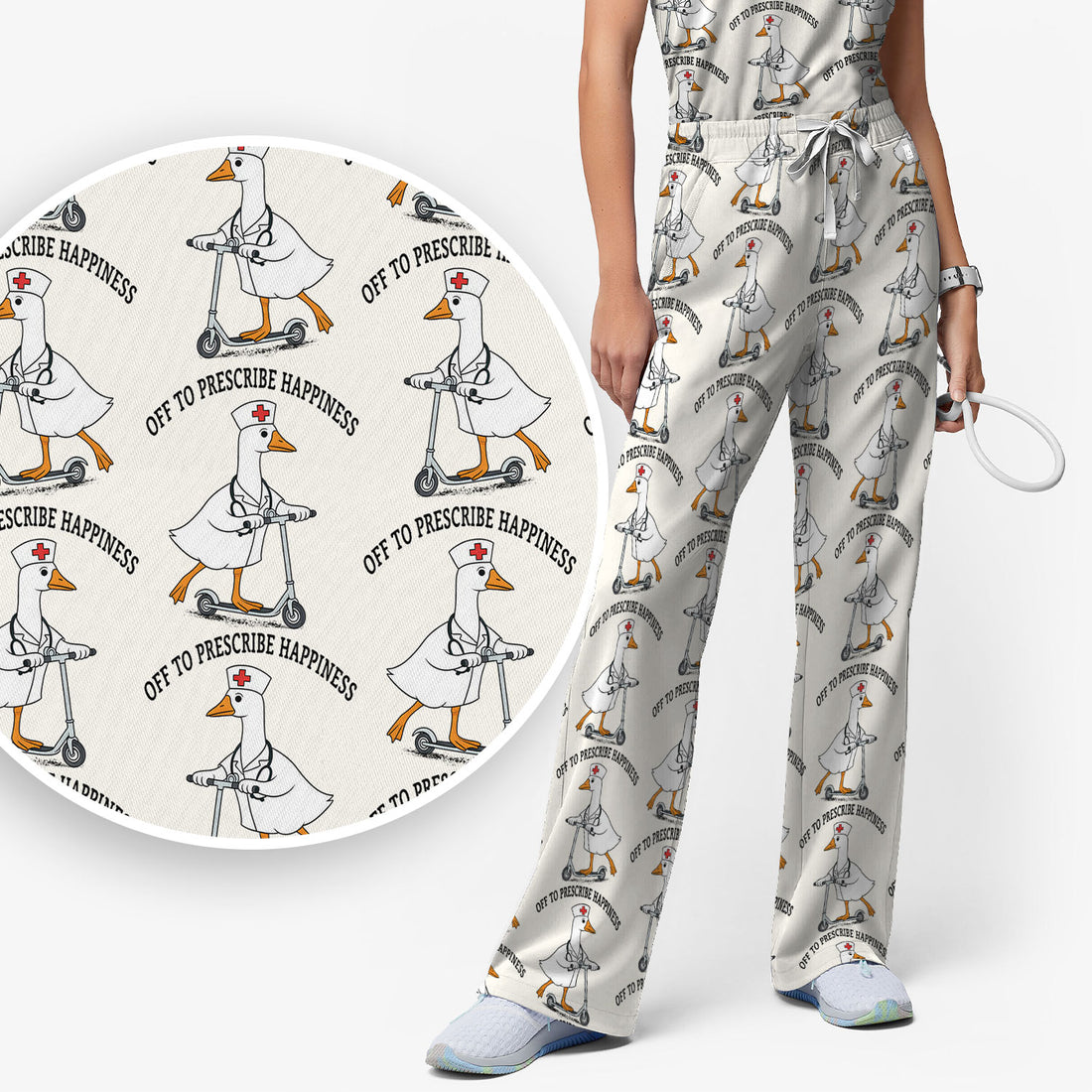 Nurse Goose Scooter Print Scrub Set, Breathable Med Uniform