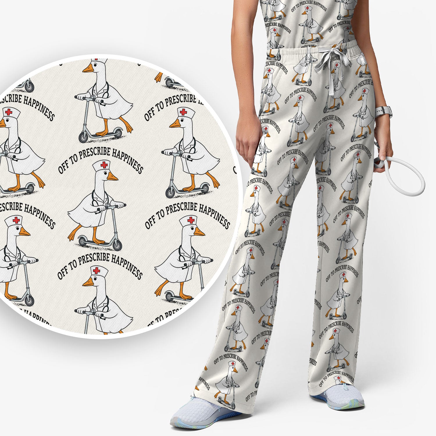 Nurse Goose Scooter Print Scrub Set, Breathable Med Uniform