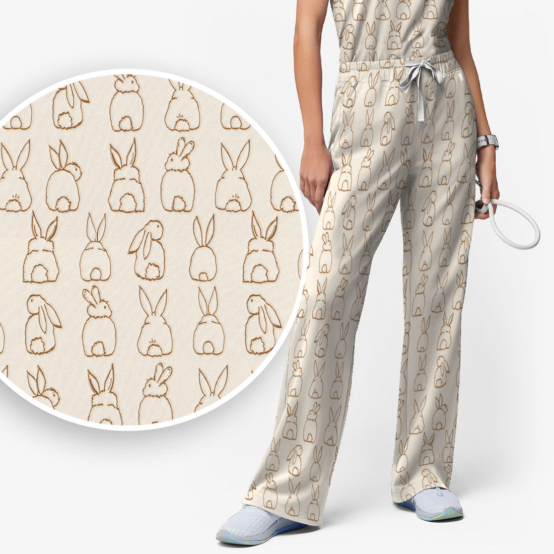 Cartoon Bunny Line Art Pattern Medical Scrub Set, Breathable Med Uniform
