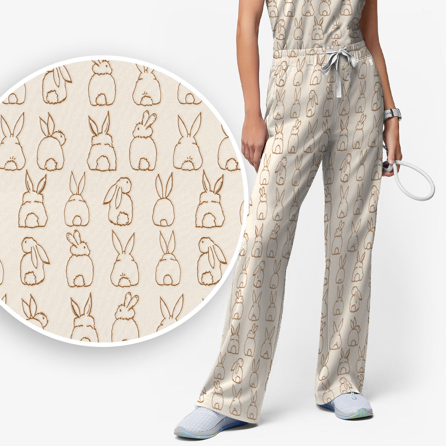 Cartoon Bunny Line Art Pattern Medical Scrub Set, Breathable Med Uniform