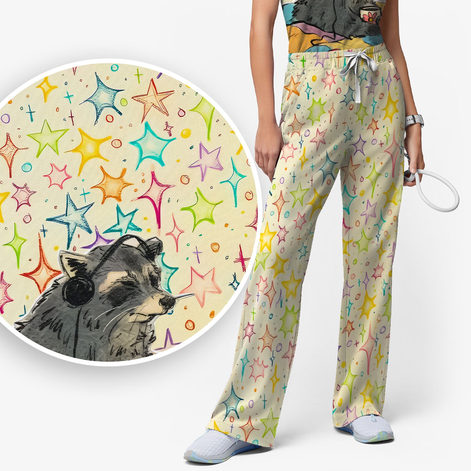 Chill Raccoon Starry Music Pattern Scrub Set, Scrub Pants and V Neck Top