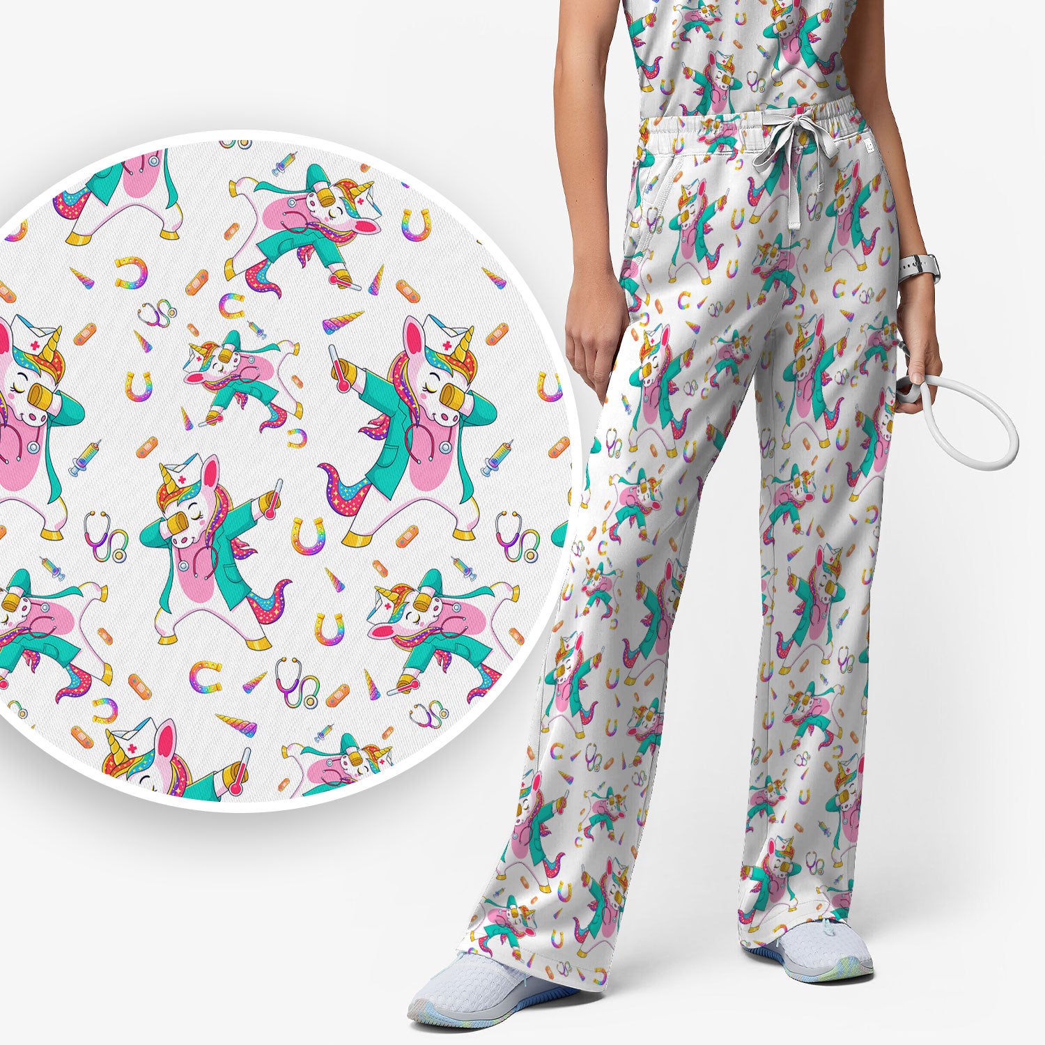 Cute Unicorn Nurse Dance Pattern Women's Sets, Scrub Pants and V Neck Top