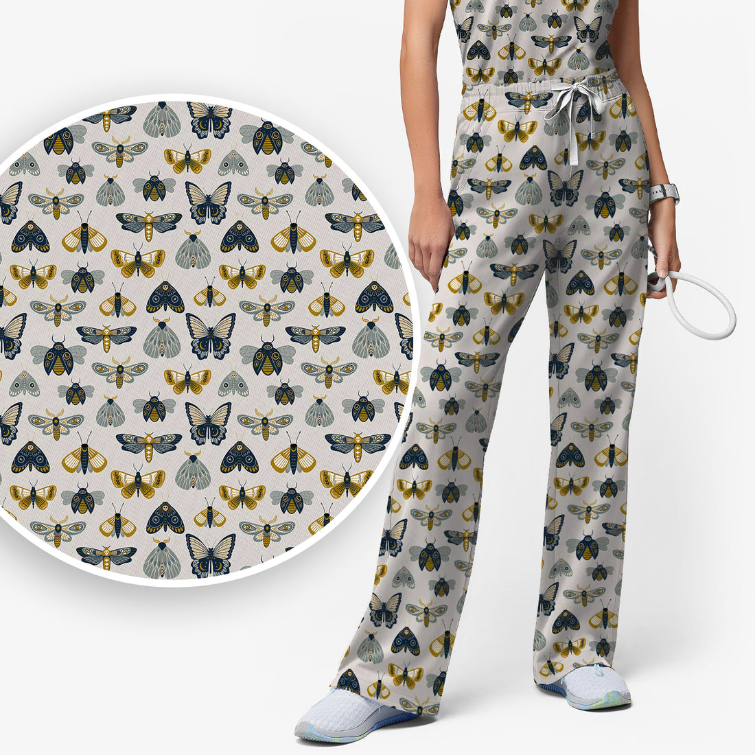 Vintage Butterfly Moth Insect Pattern Scrub Set, Scrub Pants and V Neck Top