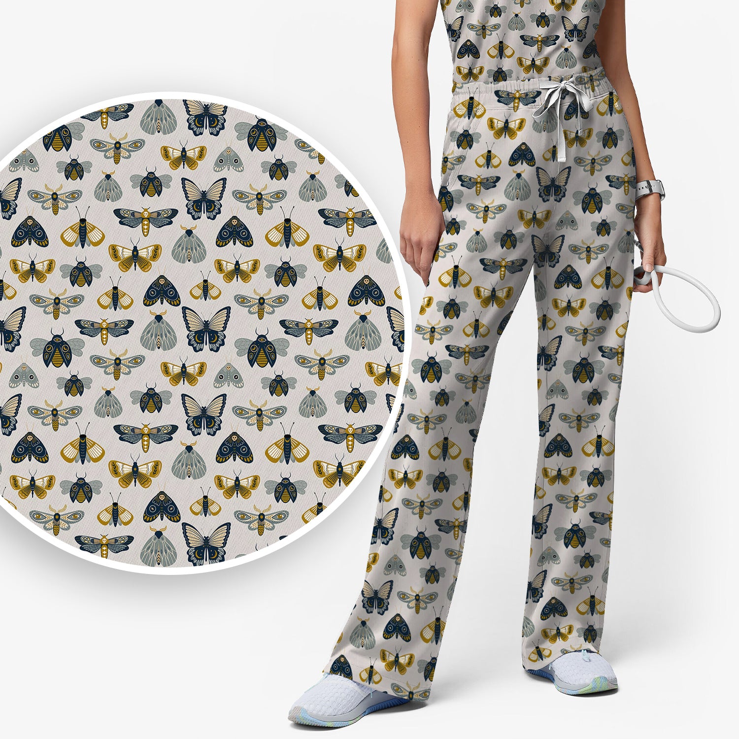 Vintage Butterfly Moth Insect Pattern Scrub Set, Scrub Pants and V Neck Top