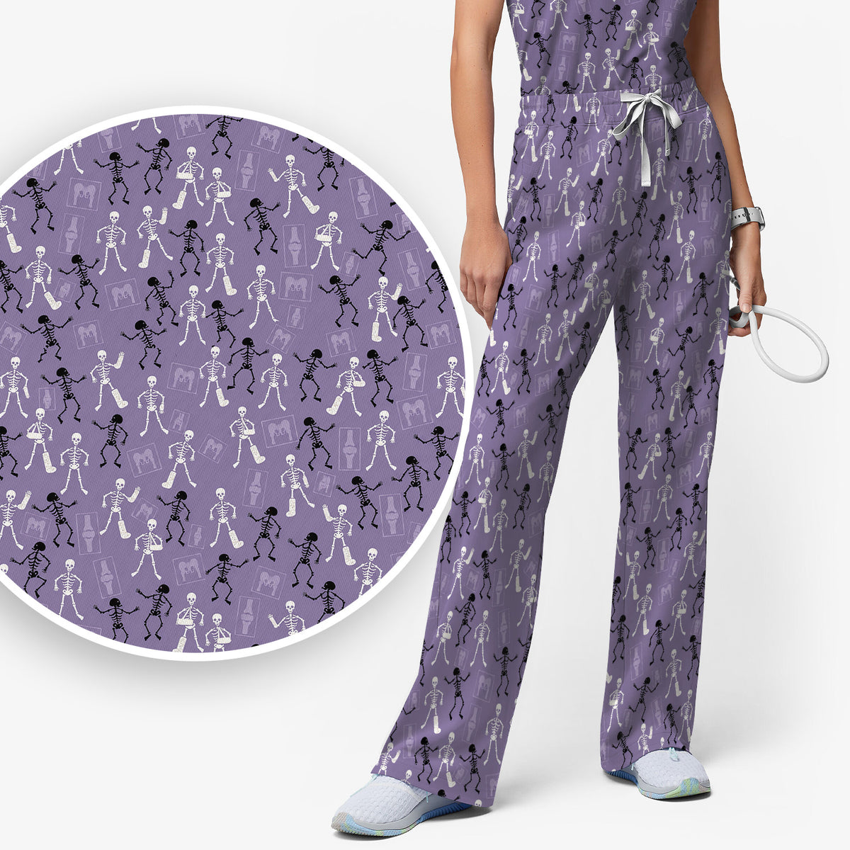 Halloween Orthopedic Skeleton Scrub Set, Scrub Pants and V Neck Top for Orthopedic Nurses