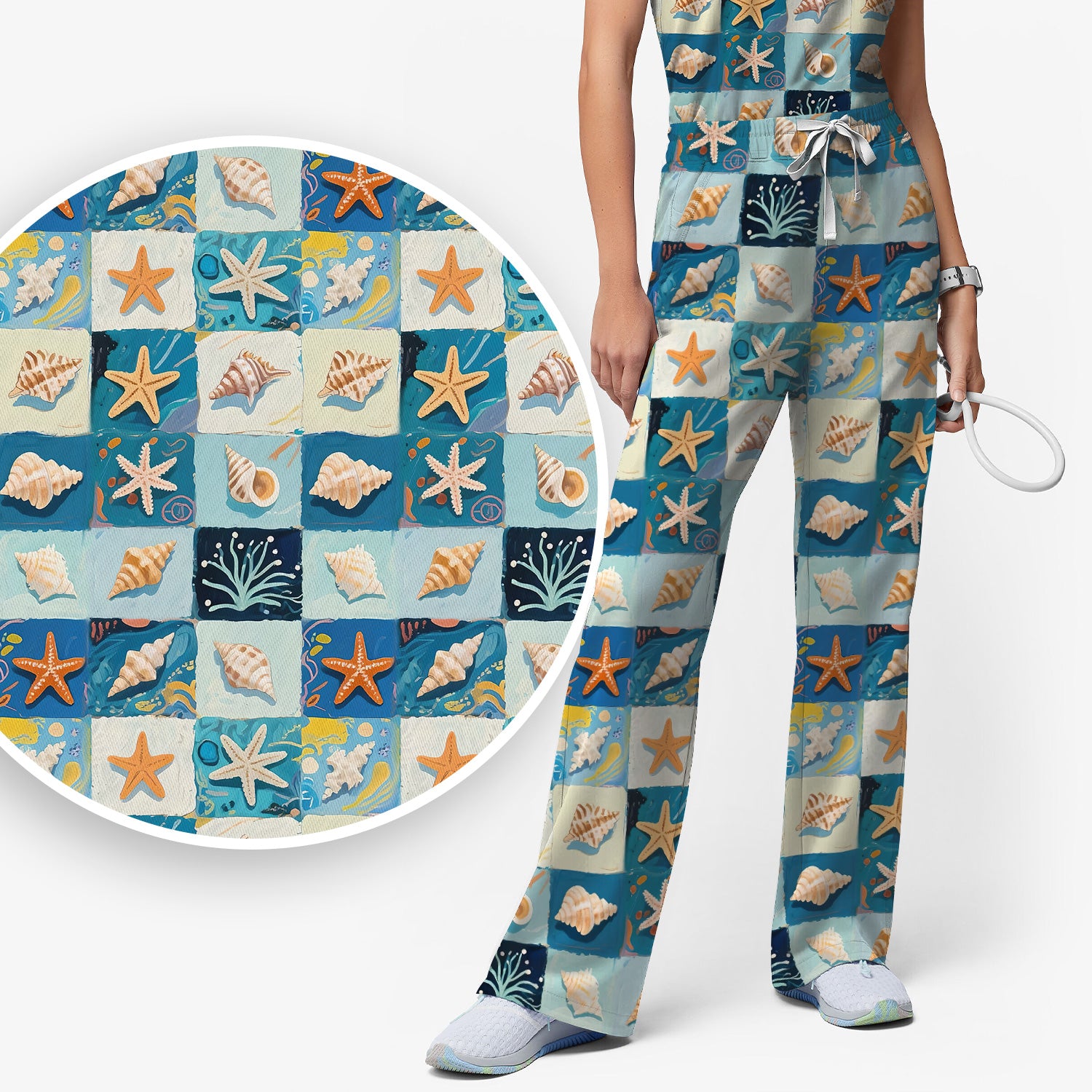 Cute Seashell Starfish Ocean Tile Pattern Scrub Set, Scrub Pants and V Neck Top
