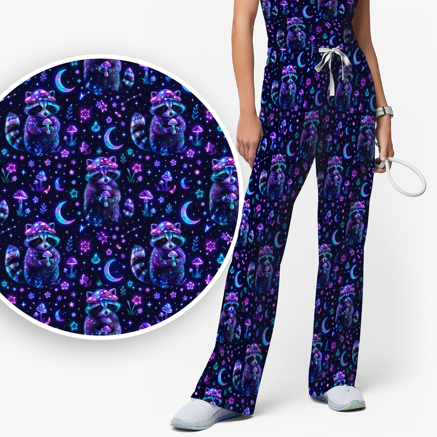 Neon Mushroom Raccoon Moonlight Pattern Scrub Set, Scrub Pants and V Neck Top