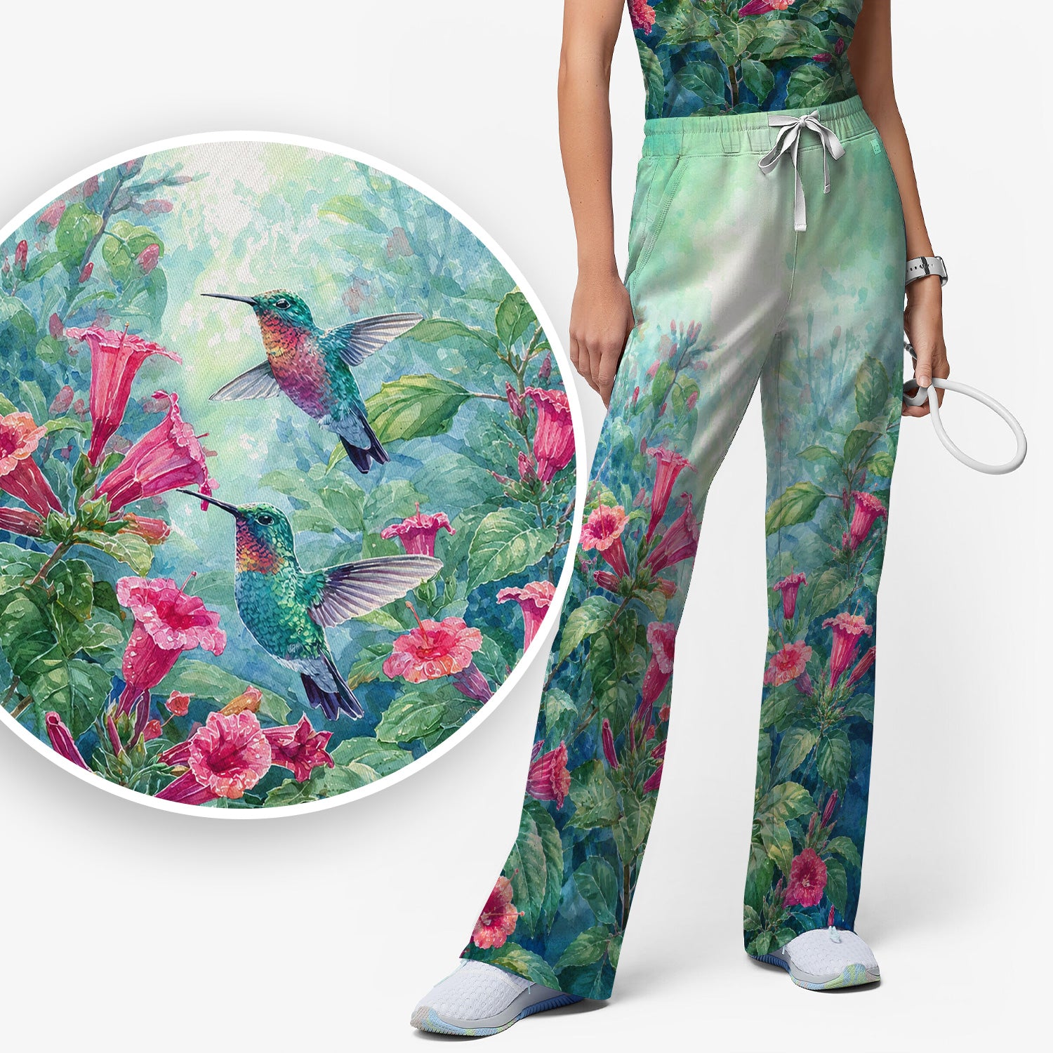 Vintage Hummingbird Floral Garden Pattern Scrub Set, Scrub Pants and V Neck Top