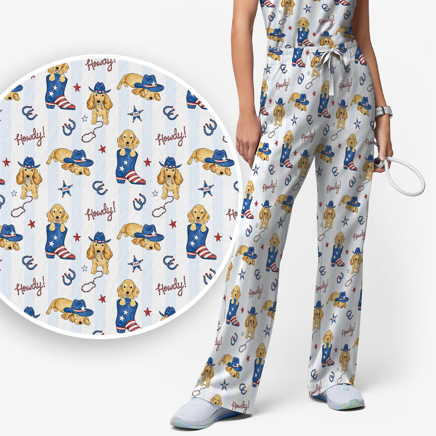 Patriotic Howdy Golden Dog Western Pattern Scrub Set, Scrub Pants and V Neck Top