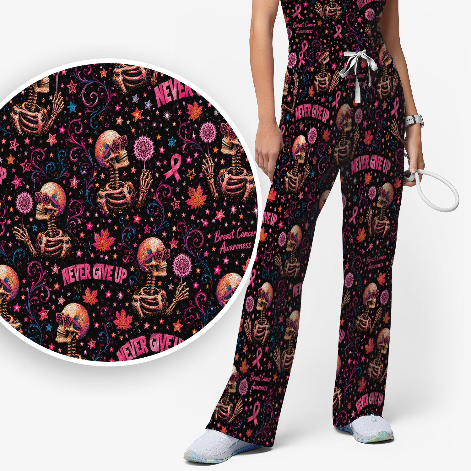 Breast Cancer Awareness Skeletons Pattern Scrub Set, Scrub Pants and V Neck Top
