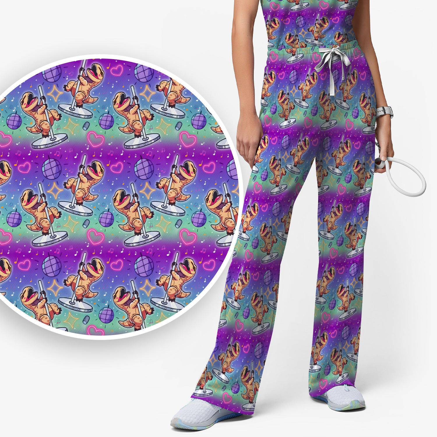 Funny Dancing Dinosaur Disco Party Pattern Nurse Scrub Set, Scrub Pants and V Neck Top