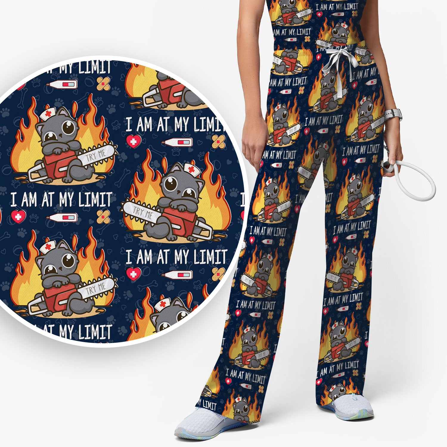 Funny Nurse Cat I Am At My Limit Women's Scrub Set, Breathable Med Uniform