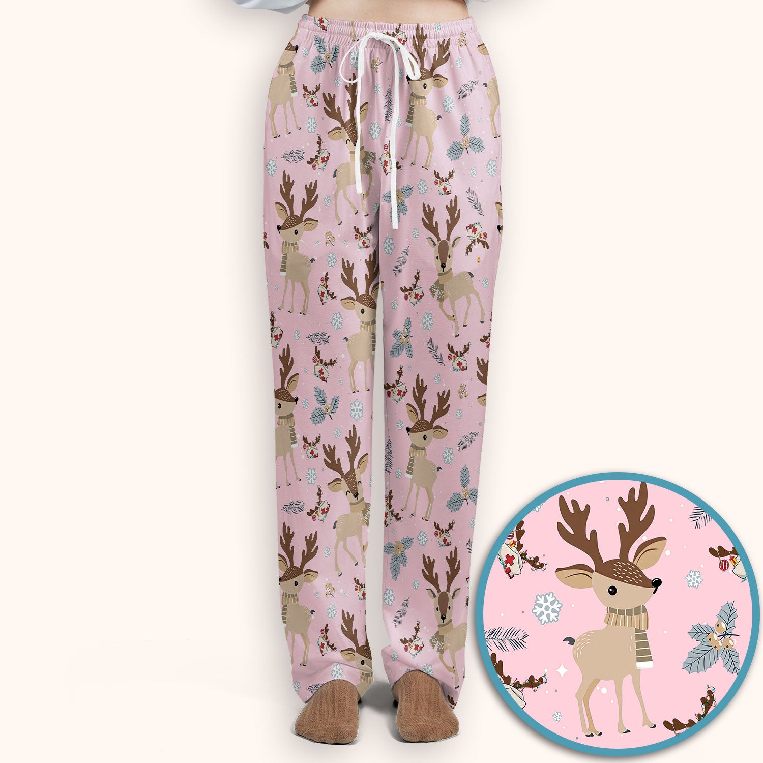 Reindeer Christmas Scrub Set - Cozy Beige Holiday Nurse Shirt with Cute Deer Pattern - Festive Medical Scrubs Pants and V Neck Top