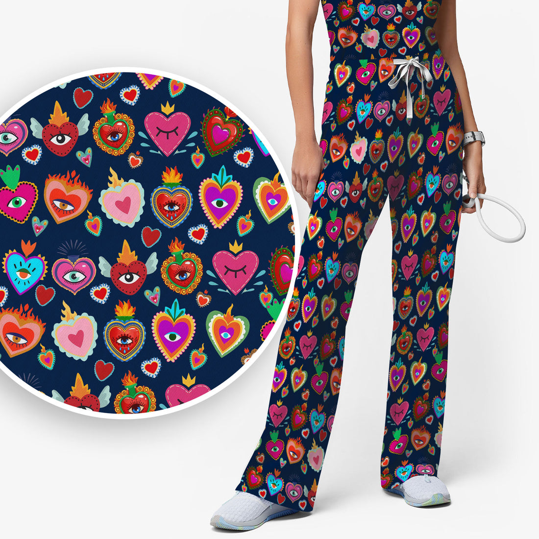 Valentine Colorful Sacred Heart Print Women's Scrub Set, Scrub Pants and V Neck Top