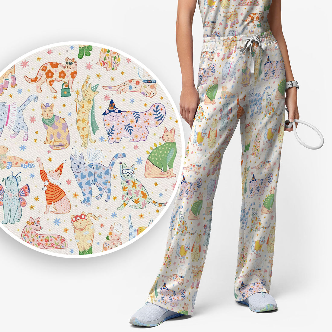 Colorful Pastel Cartoon Cats Print Scrub Set, Breathable Med Uniform