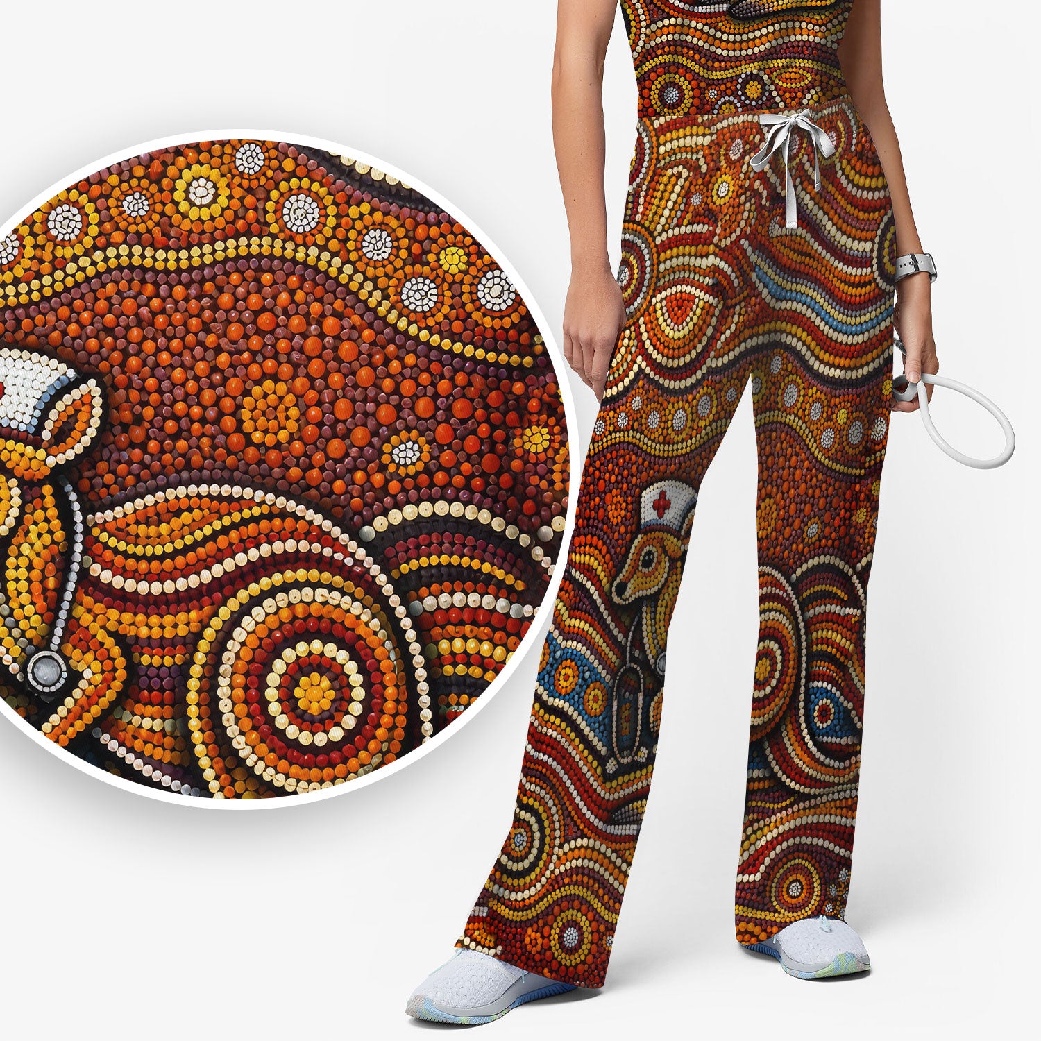 Australian Aboriginal Nurse Scrub Set, Kangaroo Dot Art Medical Nurses Shirt, Breathable Fabrics Nursing Uniform