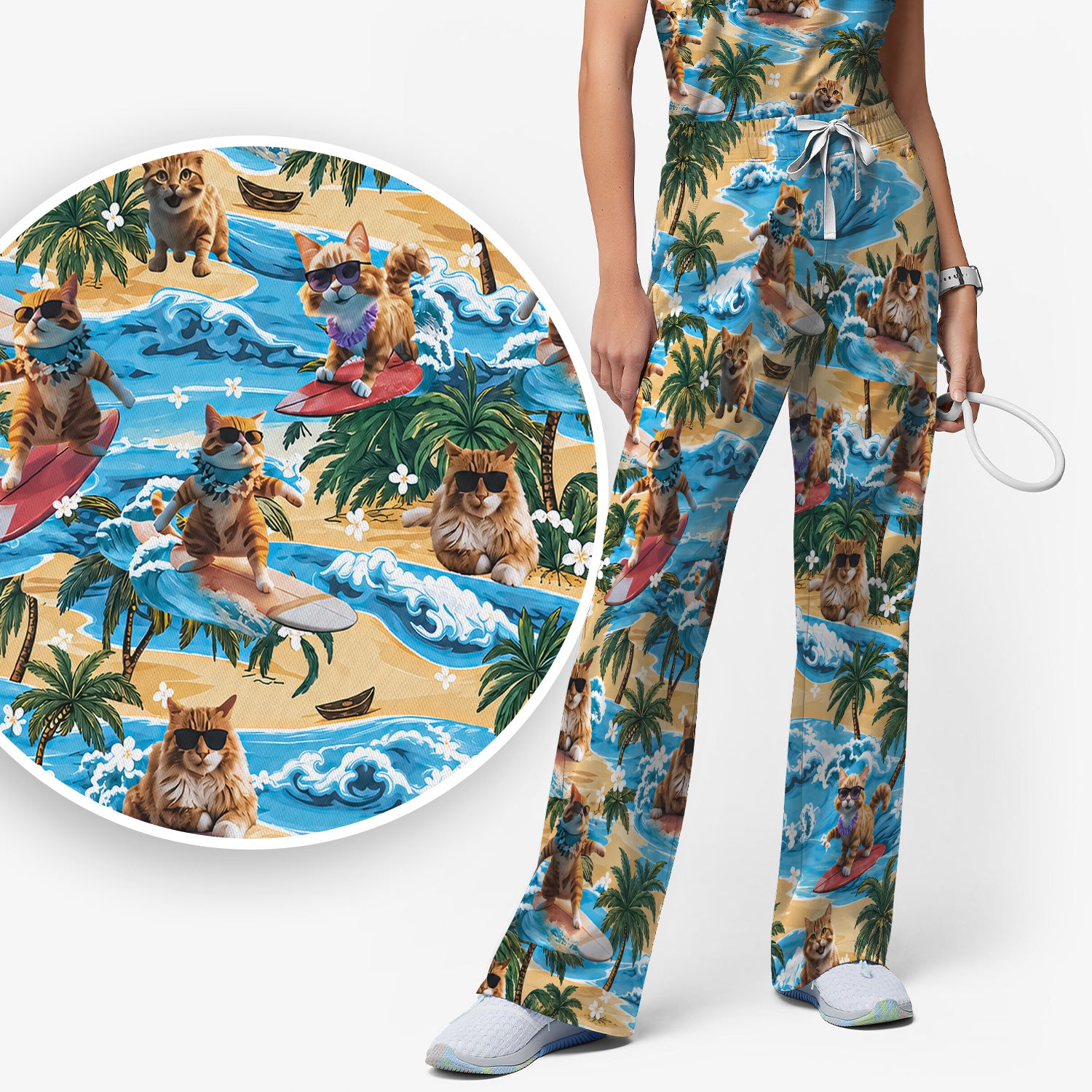 Tropical Surfing Cat with Beach Wave Island Print Scrub Set, Scrub Pants and V Neck Top