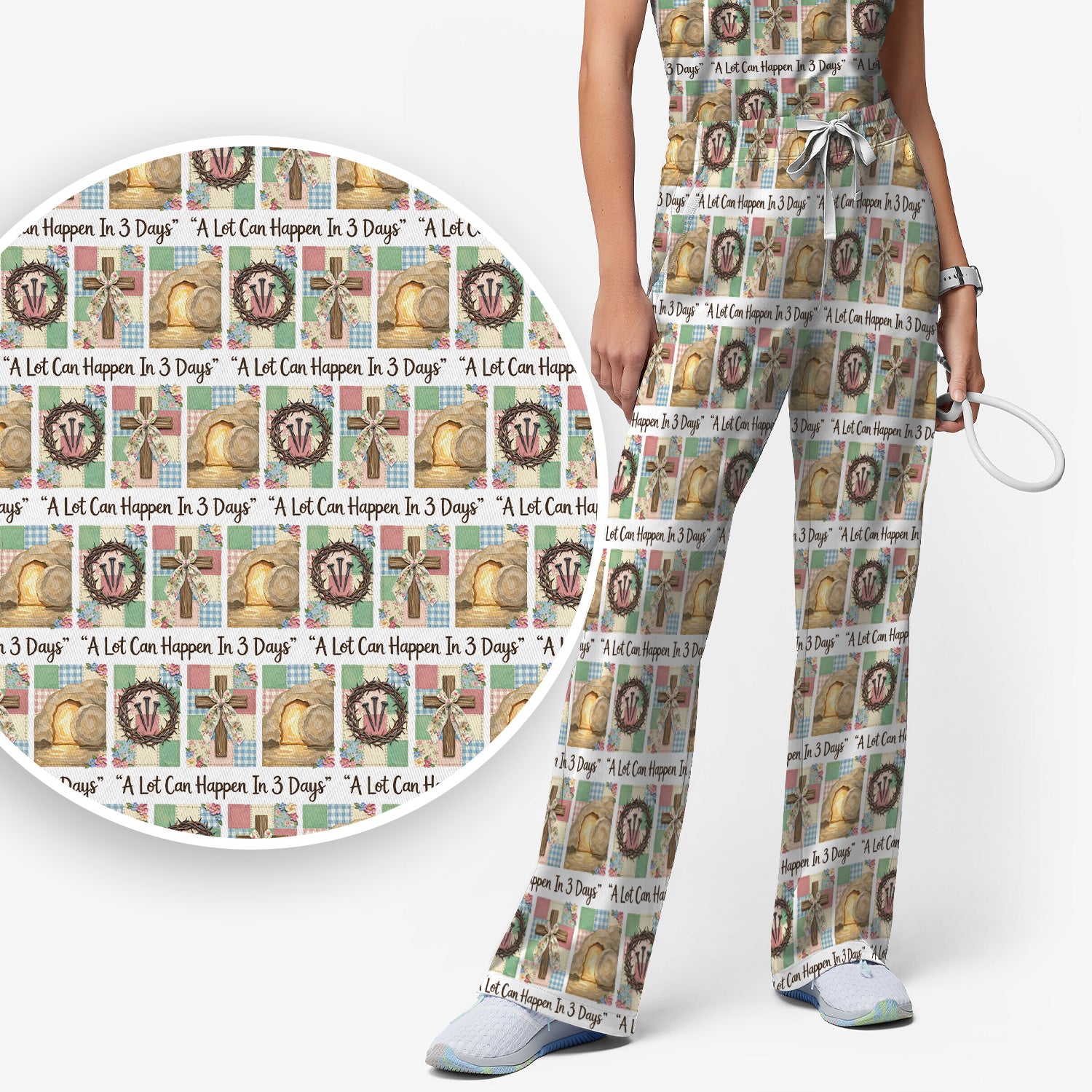 Christian Easter Cross Print Scrub Set, Scrub Pants and V Neck Top