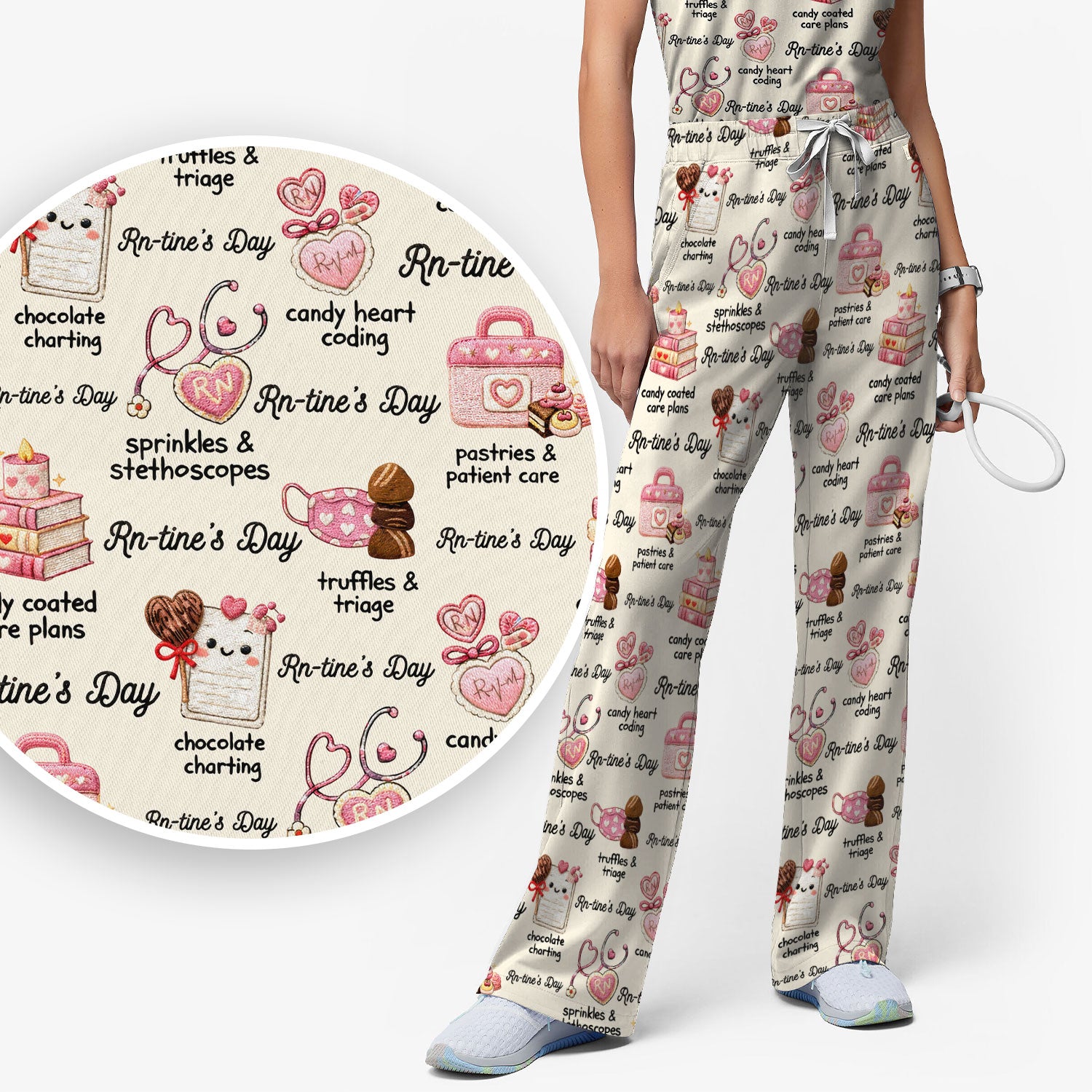 RN Sweets Valentine Stethoscope Scrub Set, Scrub Pants and V Neck Top