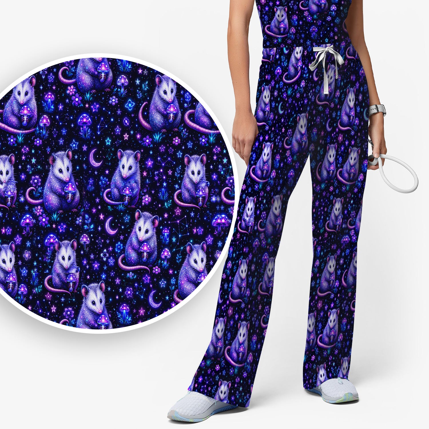 Neon Opossum Mushroom Galaxy Pattern Scrub Set, Scrub Pants and V Neck Top