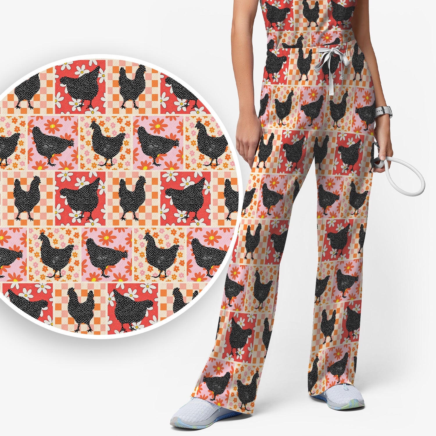 Charming Chicken Patchwork Floral Pattern Scrub Set, Scrub Pants and V Neck Top