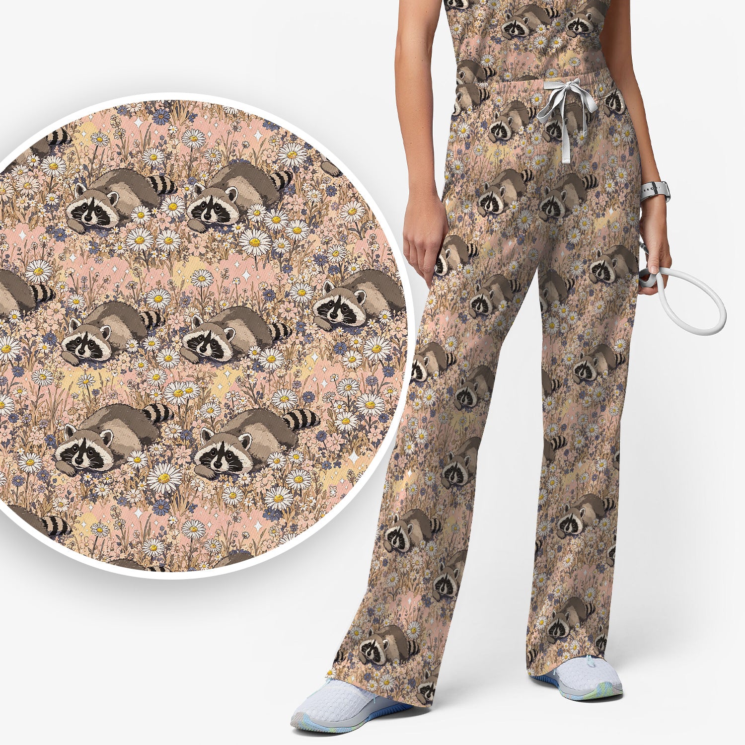 Cute Raccoon Wildflower Meadow Pattern Scrub Set, Scrub Pants and V Neck Top
