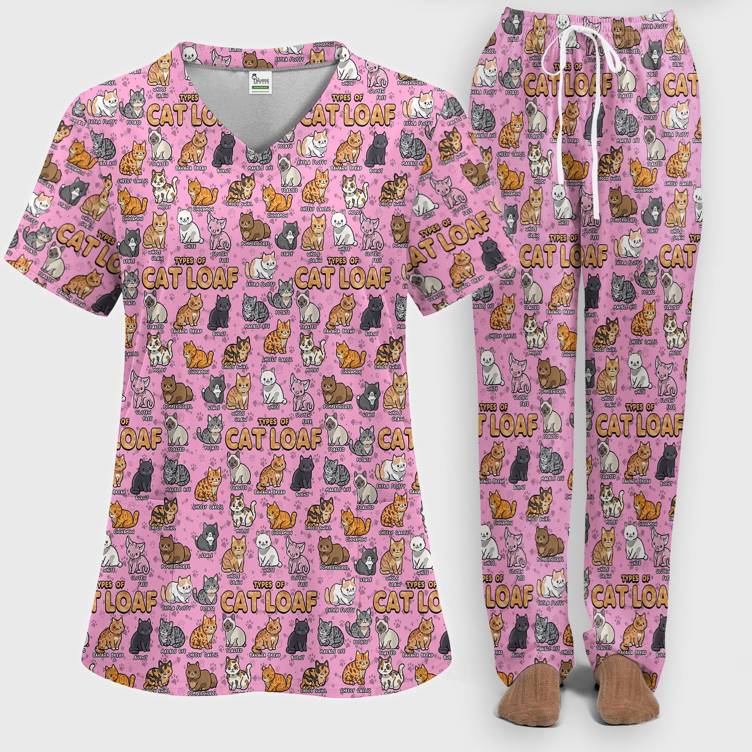 Funny Cat Loaf Nurse Scrub Set for Women - Cute Cat Medical Uniform Top and Pants - Ugly Sweater Pet Lover Gift