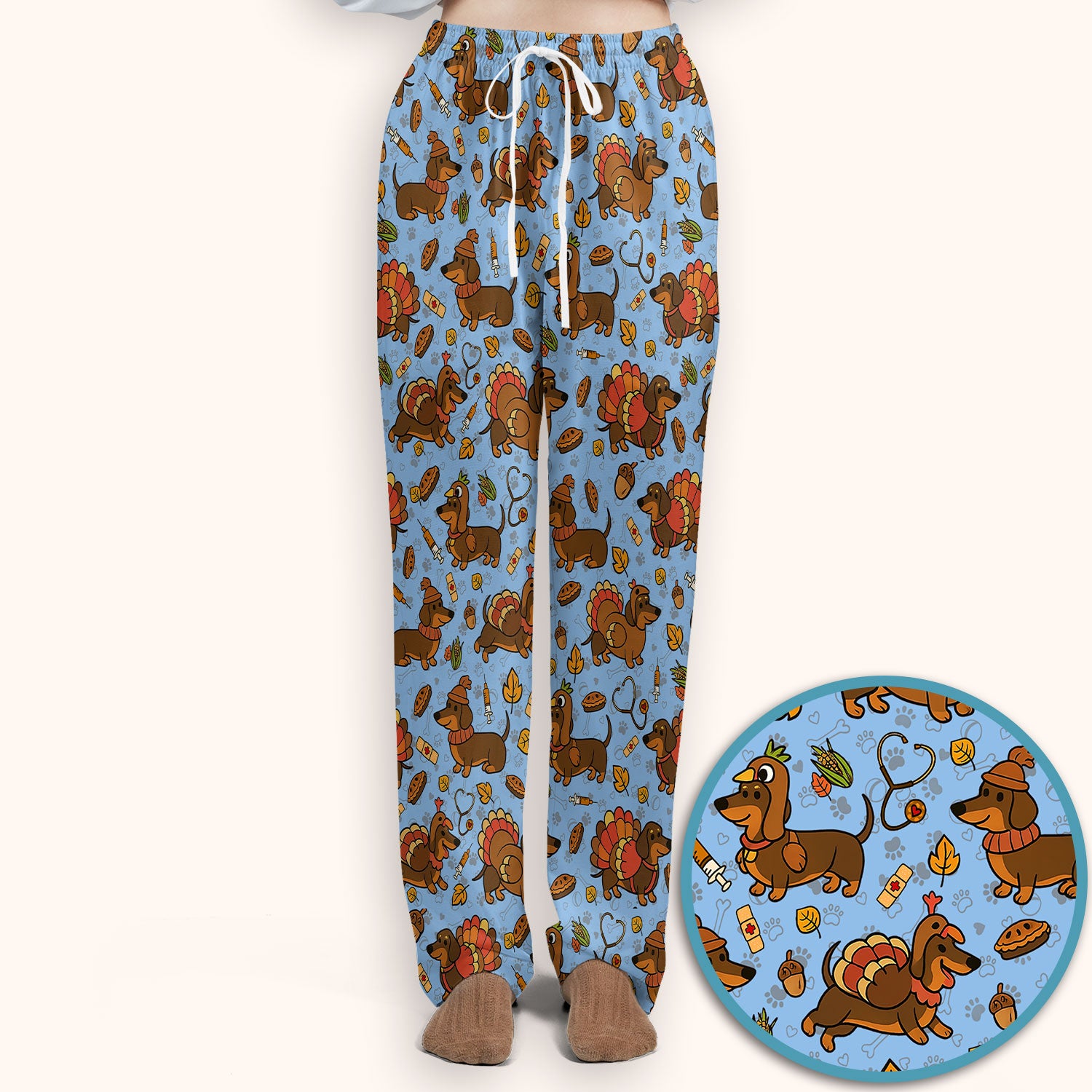 Thanksgiving Wiener Dog Scrub Set - Funny Dachshund Turkey Scrubs Pants and V Neck Top - Fall Winter Gift for Women