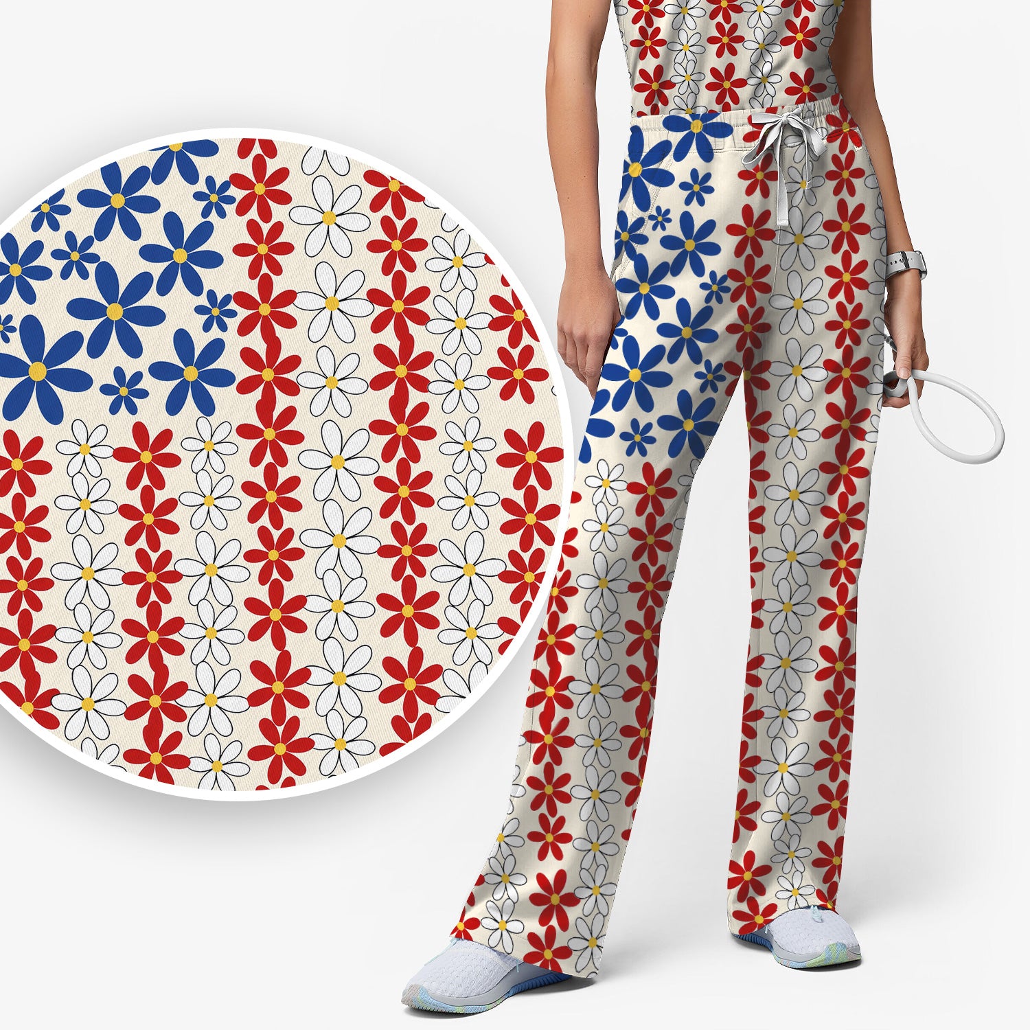Retro Red Blue Daisy Stripe Pattern Scrub Top, Breathable Fabrics Nursing Uniform