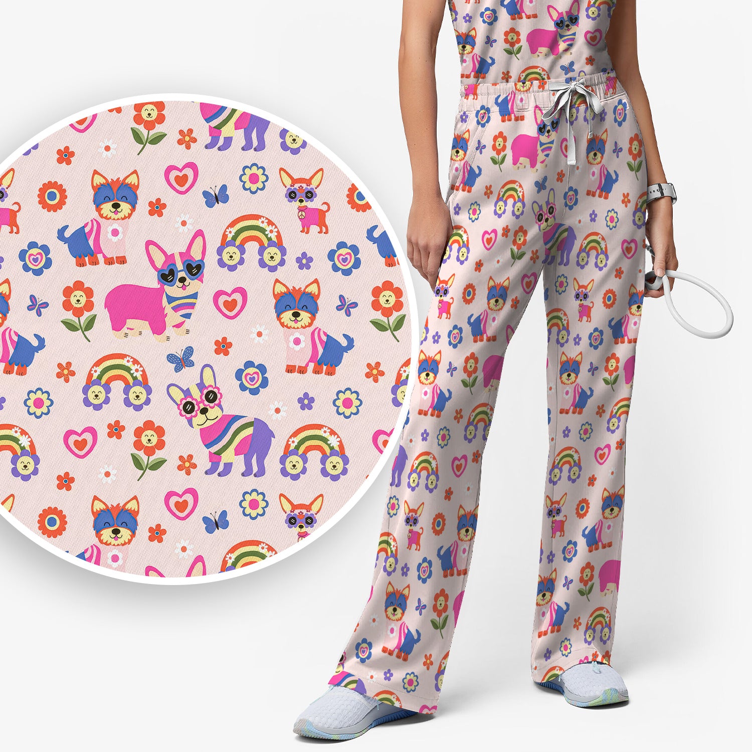 Colorful Cartoon Dogs With Rainbow Flowers Pattern Pattern Scrub Set, Scrub Pants and V Neck Top