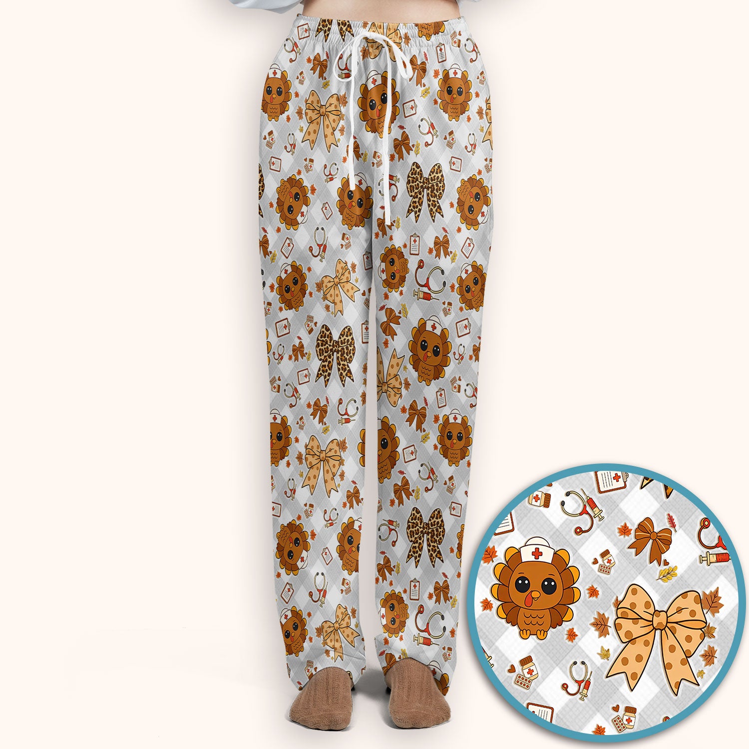 Thanksgiving Turkey Scrub Set for Nurses - Cute Fall Leaves and Bow Scrubs Pants and V Neck Top - Autumn Nursing Gift for Her