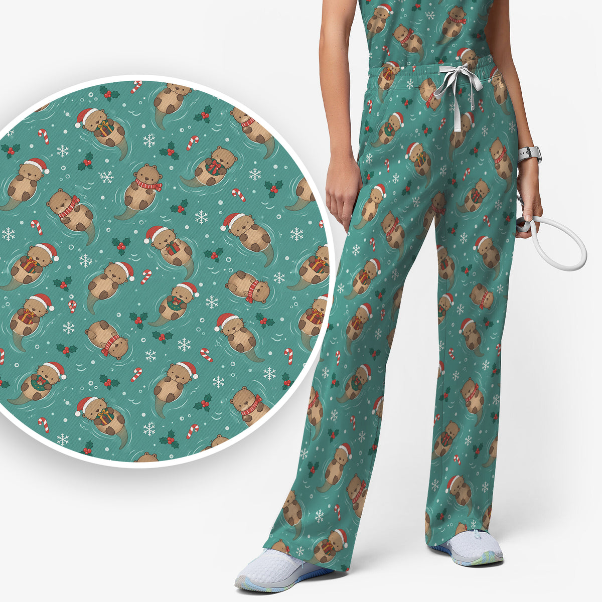 Christmas Sea Otters And Gifts Scrub Set, Scrub Pants and V Neck Top