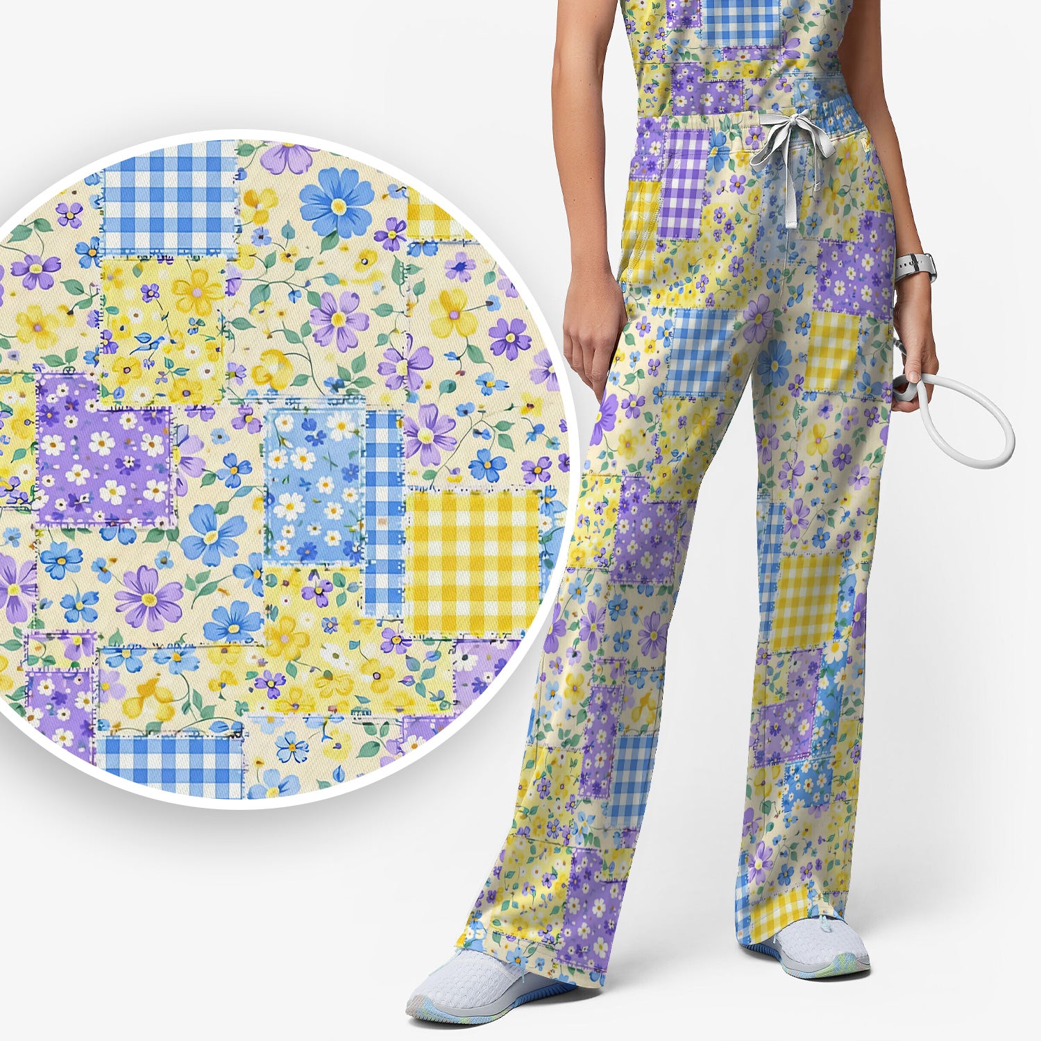 Cute Floral Patchwork Gingham Pattern Scrub Set, Women's Scrub Sets