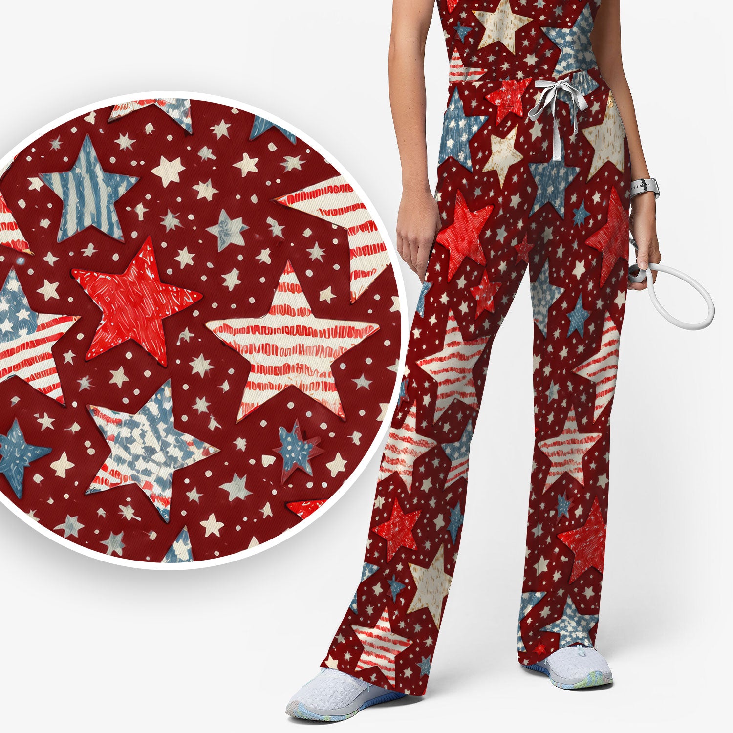 Patriotic Star Pattern Women's Scrub Set, Scrub Pants and V Neck Top