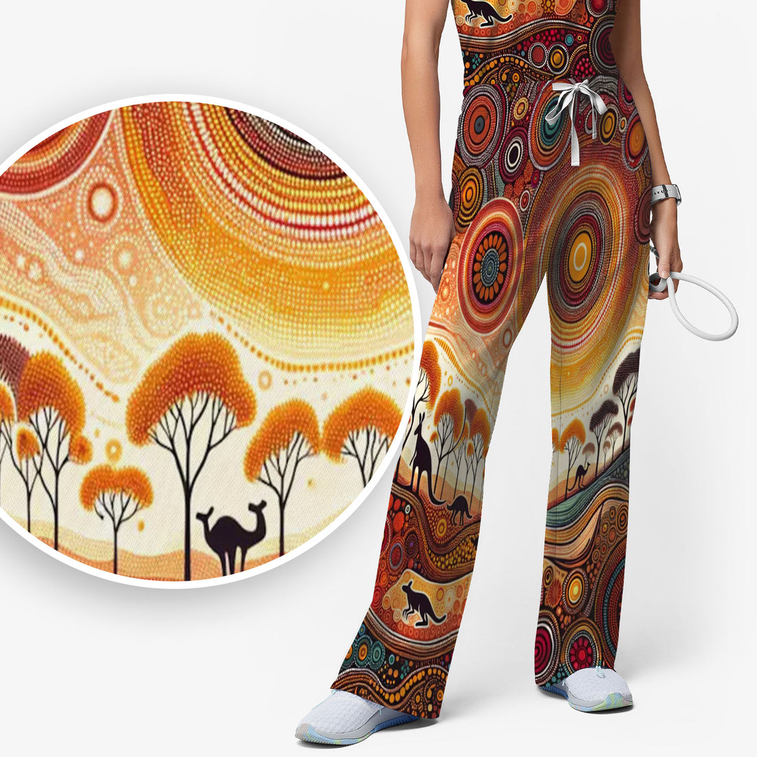 Aboriginal Kangaroo Art Women's Scrub Set, Scrub Pants and V Neck Top