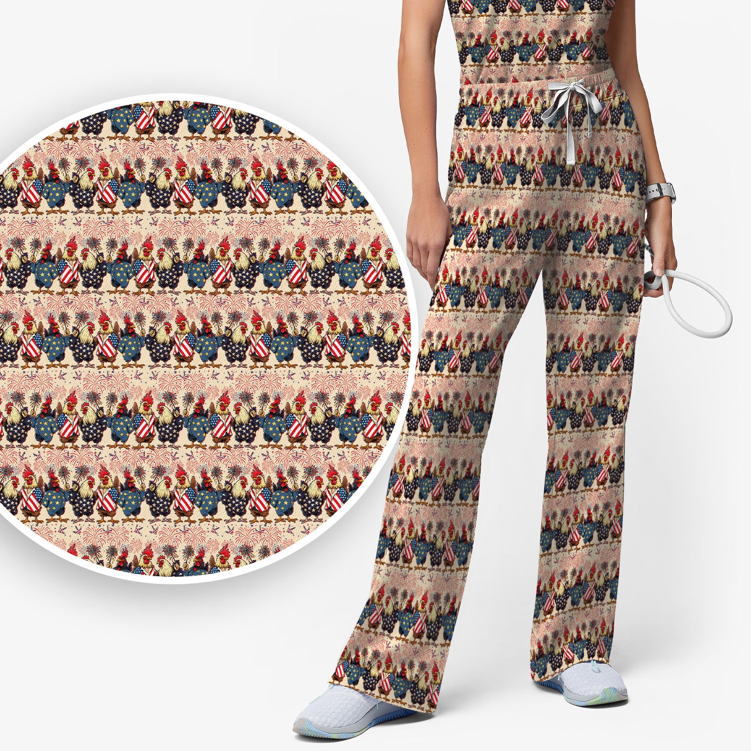 Patriotic Rooster Fireworks Pattern Scrub Set, Scrub Pants and V Neck Top