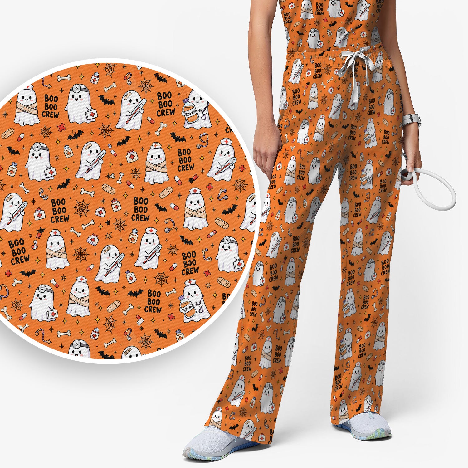 Cute Halloween Boo Boo Crew Ghost Scrub Set, Scrub Pants and V Neck Top