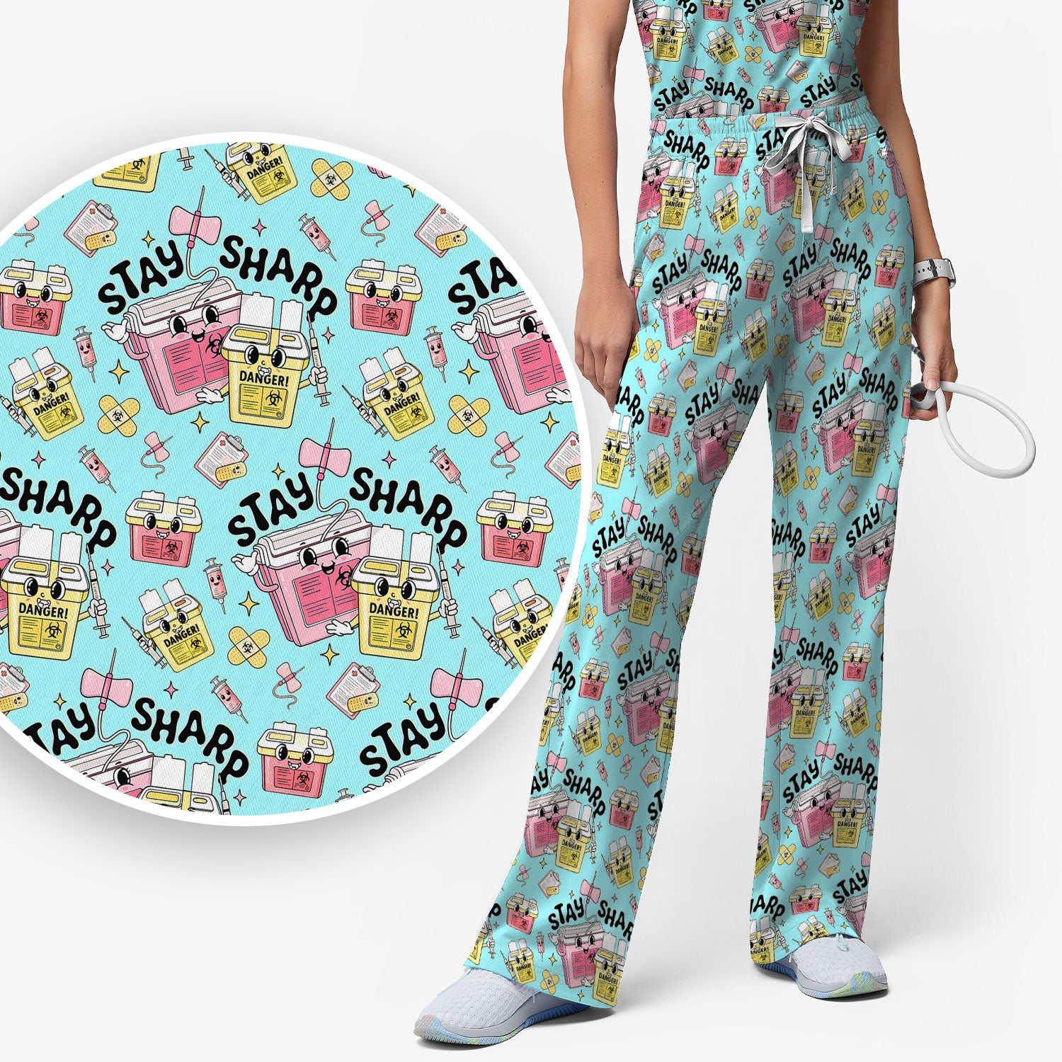 Stay Sharp Nurse Scrub Set, Cute Medical Pattern Scrubs, Breathable Fabrics Nursing Uniform
